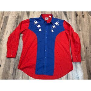 Vintage Ely Diamond Red & Blue Western Shirt XL Mens Long Sleeve Star Embroidery